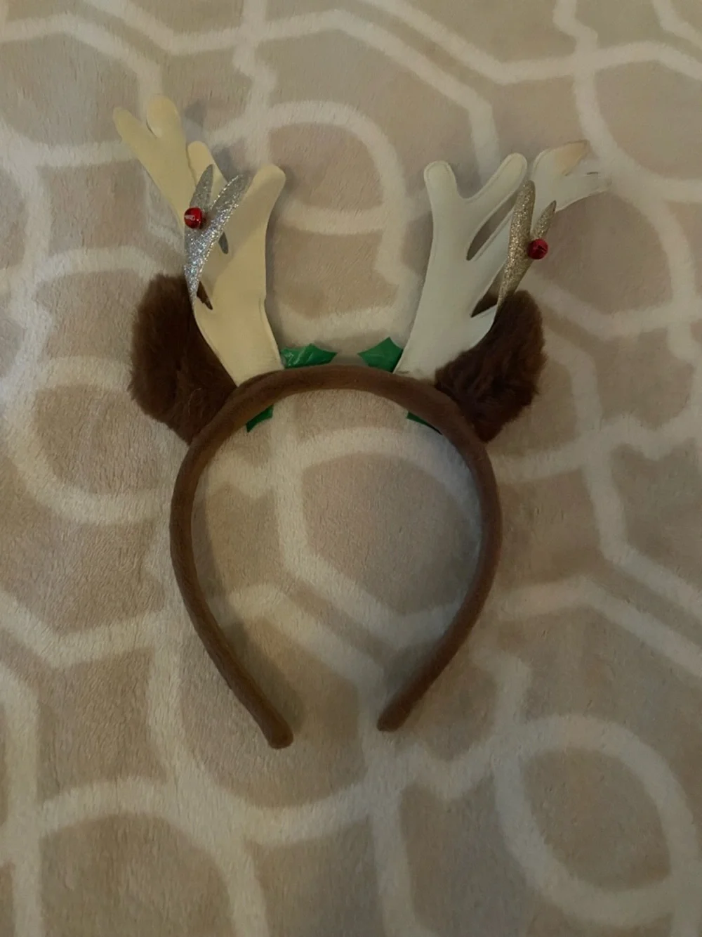 Festive Reindeer Antler Headband - Brown with Silver Antlers and Green Accents